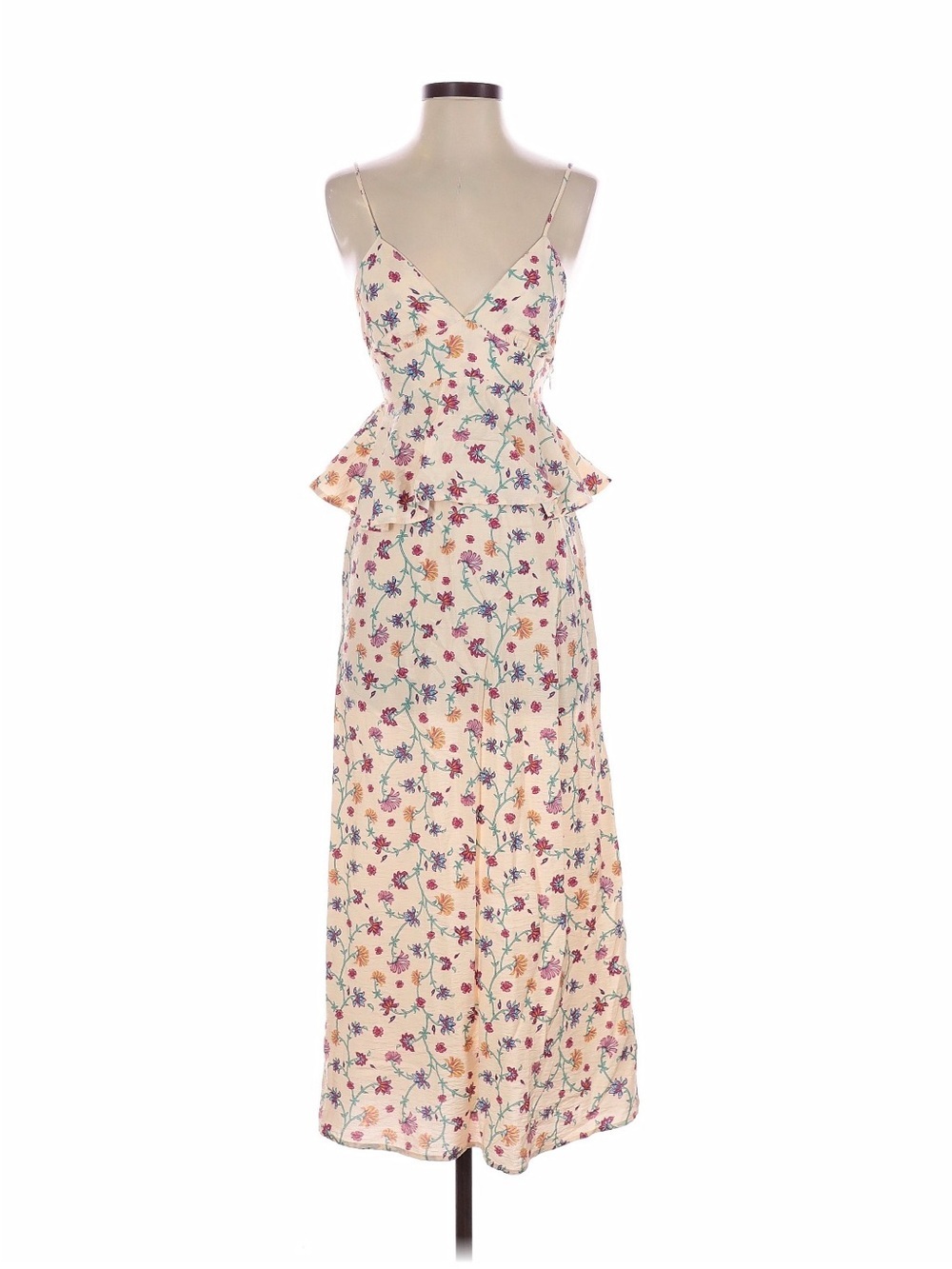 Cream Floral Peplum Maxi Dress with Spaghetti Straps